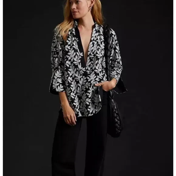 B18 Anthropologie Floral Blouse Top Womens Small Embroidered - Picture 1 of 8